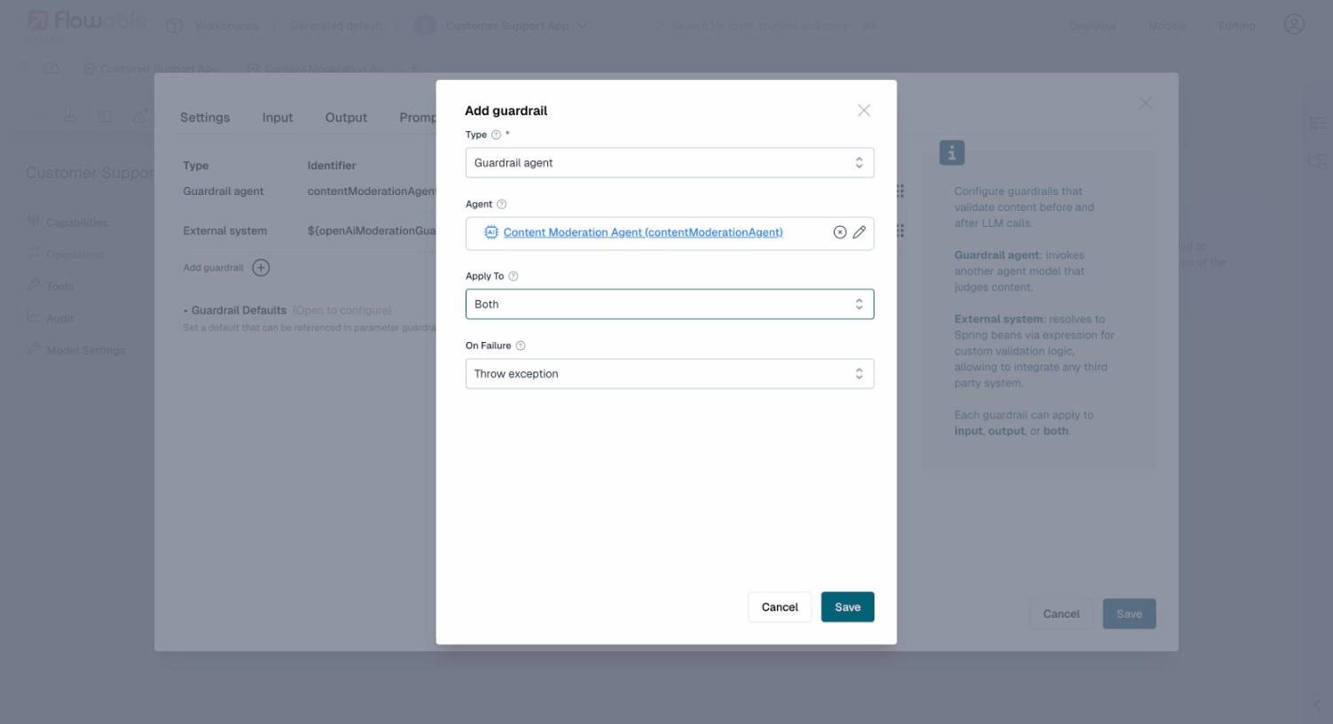 Guardrail agent configured in another agent's operation