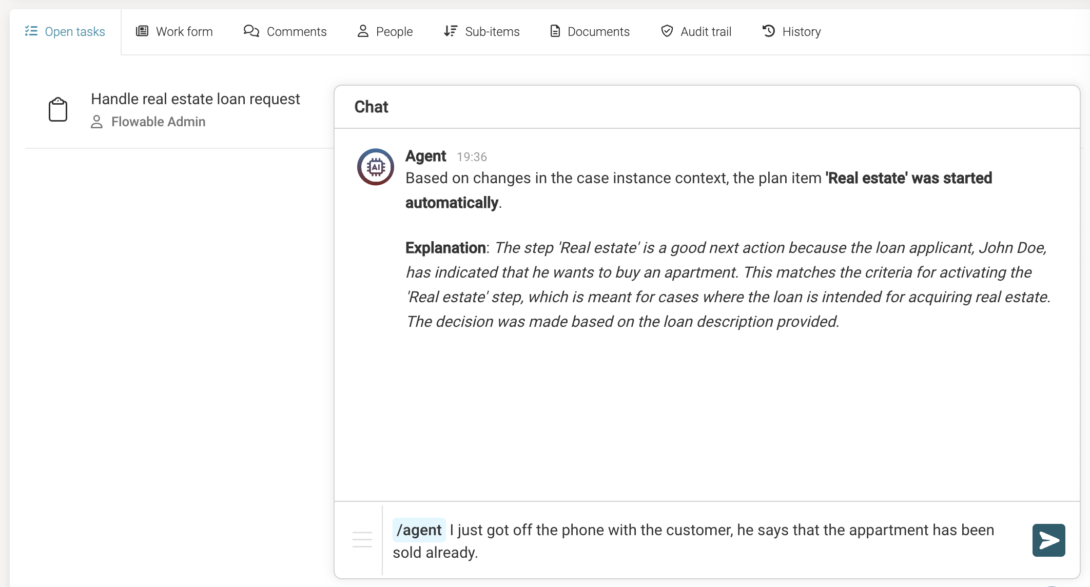 Orchestrator agent example - Intent Listener Trigger over Chat
