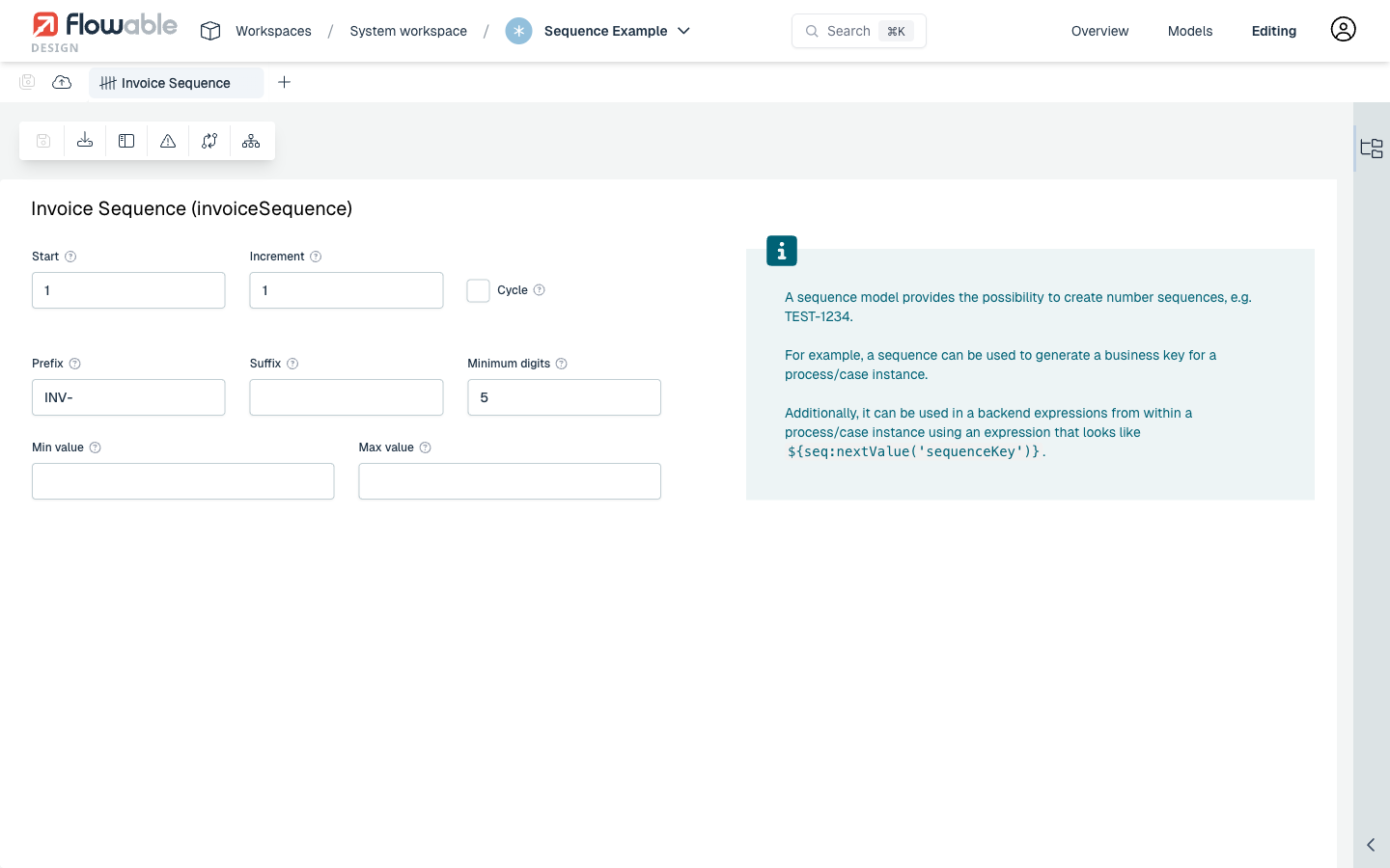 Sequence definition editor showing the "Invoice Sequence" configuration